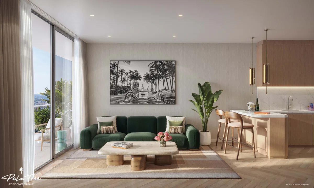 Palm Tree Residences Miami living room with open plan to kitchen